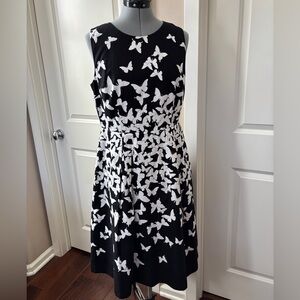 Talbots Sleeveless Fit & Flare Butterfly Dress, Black & White, Size 8